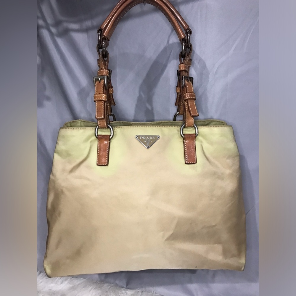 Beautiful Vintage Prada Cammello Nylon w/ Leather Handles Shopping Tote Bag